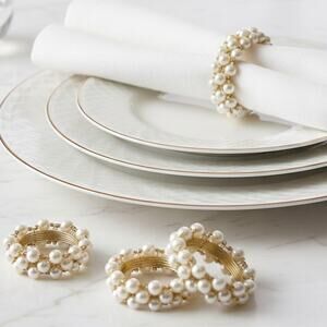 Hollywood Regency Gold Faux Pearl Beaded Napkin Rings Set of 4
